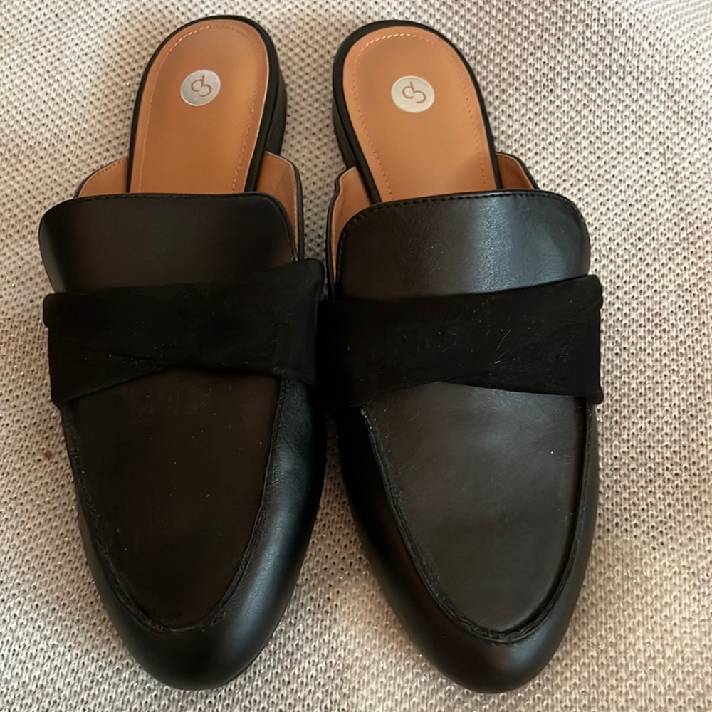 Black Mules with Suede Strap Detail